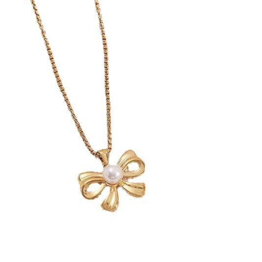 LAIS Women's Exclusive Copper Bow Pearl Necklace, Electroplated, Pearl - enhanced Diverse Styles Showcasing Personal Charm