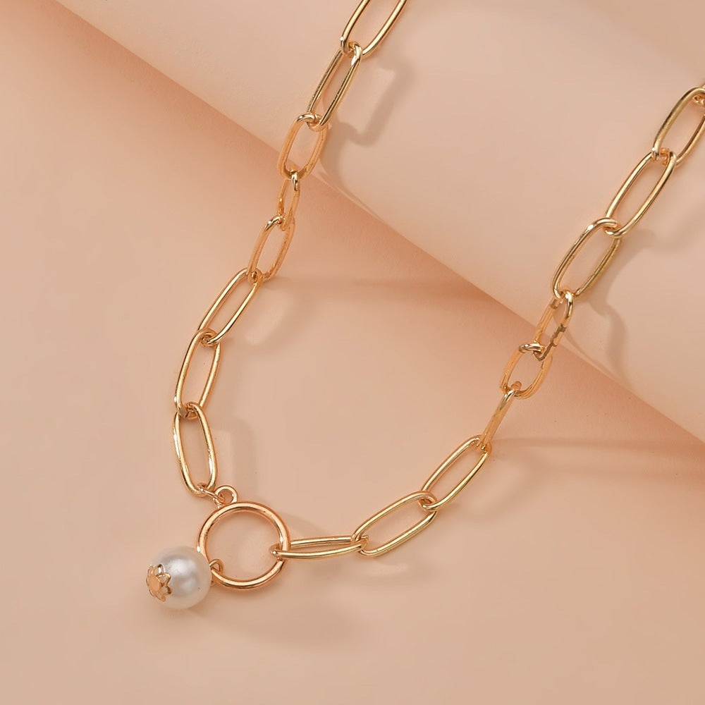 LAIS Unisex INS Style Metal Clavicle Chain Necklace, Alloy Pendant, Hoop and Pearl Design, Unique and Eye-catching