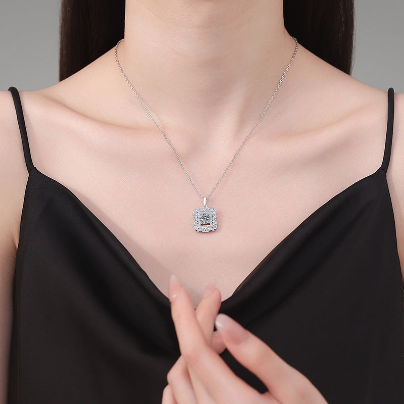 LAIS 925 Sterling Silver Necklace with High - grade Elegant Sugar - shaped Moissanite Pendant, Quadrangular Geometric Fashion