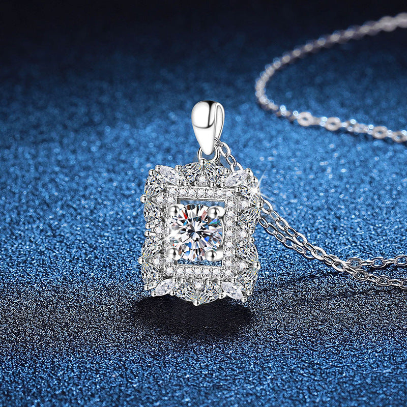 LAIS 925 Sterling Silver Necklace with High - grade Elegant Sugar - shaped Moissanite Pendant, Quadrangular Geometric Fashion