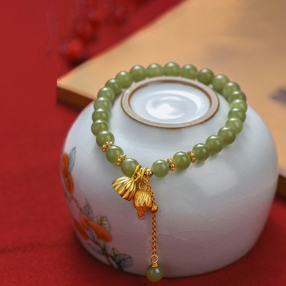 LAIS Retro Hetian Jade Hand String Bracelet – Floral Charm