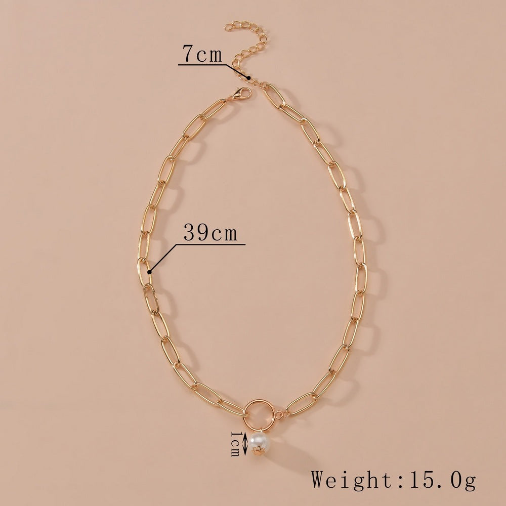 LAIS Unisex INS Style Metal Clavicle Chain Necklace, Alloy Pendant, Hoop and Pearl Design, Unique and Eye-catching