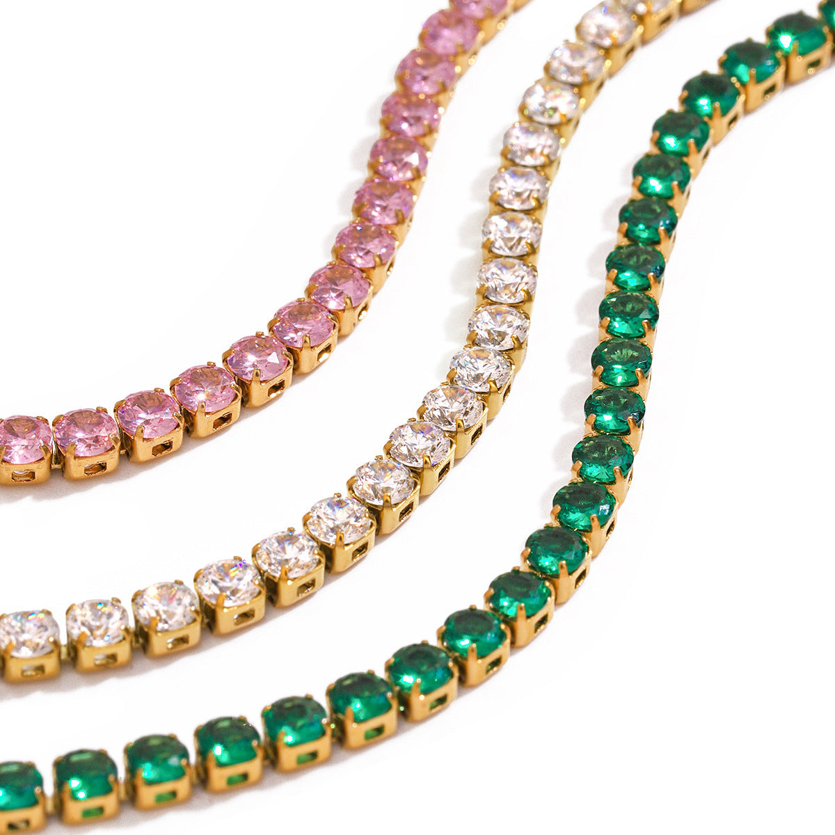 LAIS Women's Stainless Steel Diamond Tennis Necklace Crafted by Electroplating Process, White, Pink and Green Colors, Geometric Shape is Fashionable and Eye-catching