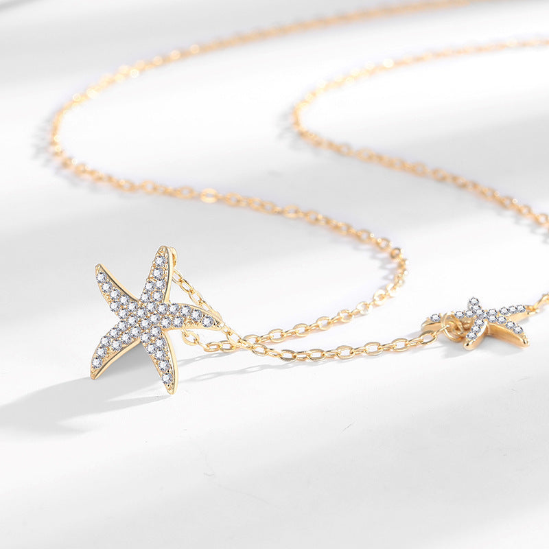 LAIS Women's Exclusive Fashionable Double Starfish Full Diamond Necklace, Copper Material with Electroplating, O-ring Chain Design, Niche Style Leads the Trend