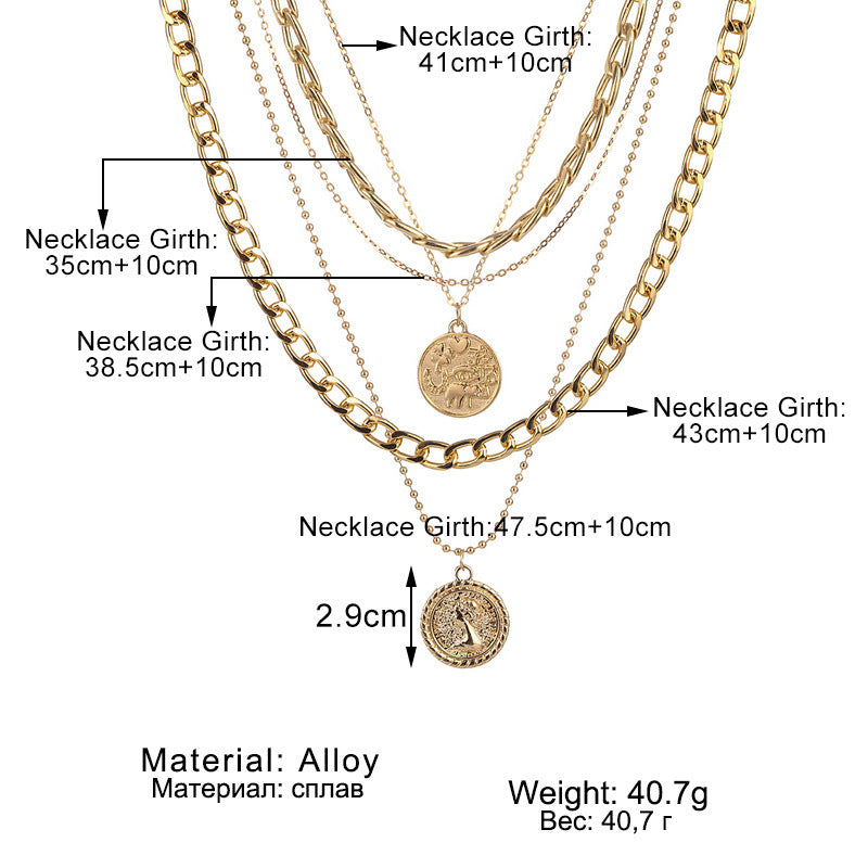 LAIS Electroplated Alloy Unisex Necklace, Snake Bone Chain Matched with Multi-layer Geometric Round Plate Pendant, Incorporating Coin Elements is Super Eye-catching