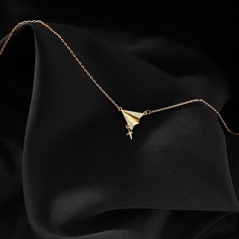 LAIS Women's Niche Super Shiny Zircon Paper Airplane Necklace, with Zircon Inlay Process, Stainless Steel Plated with White Gold Shows Uniqueness
