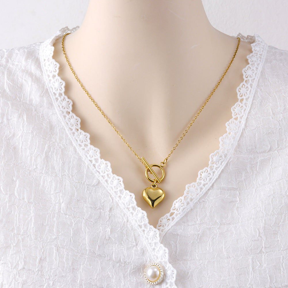 LAIS Polished Stainless Steel Heart-shaped Pendant Cross Chain Necklace, Fashionable and Versatile