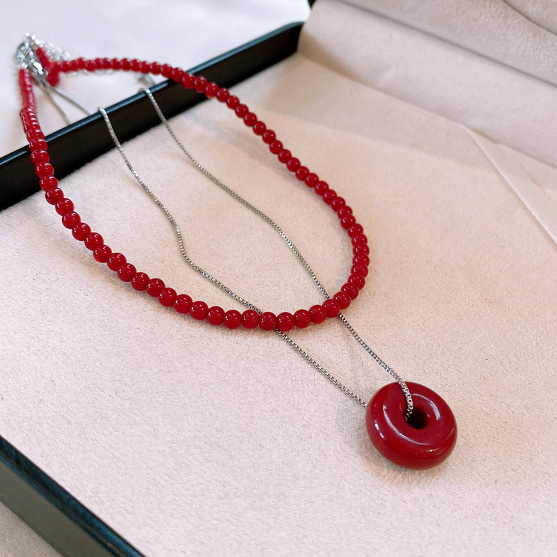 LAIS Women's Necklace in Silver-Red Two Colors, Alloy Pendant Matched with Red Glass/Colored Glaze Beads, Geometric Round Shape is Simple and Fashionable