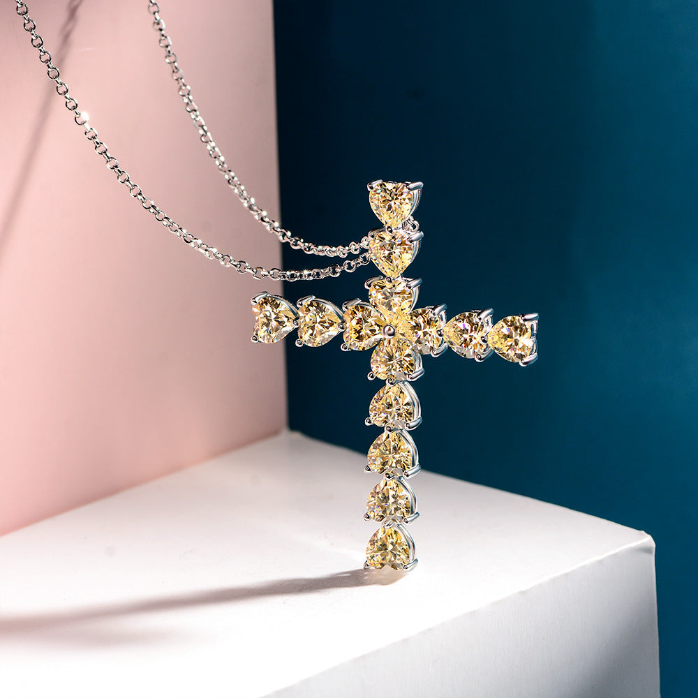LAIS Women's Exclusive S925 Sterling Silver Cross Necklace with High Carbon Diamonds, Two Colors of Light Pink and Yellow, Unique Cross Design