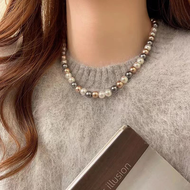 LAIS Mixed-Color Glass Pearl Necklace – Elegant Stainless Steel Jewelry for Women