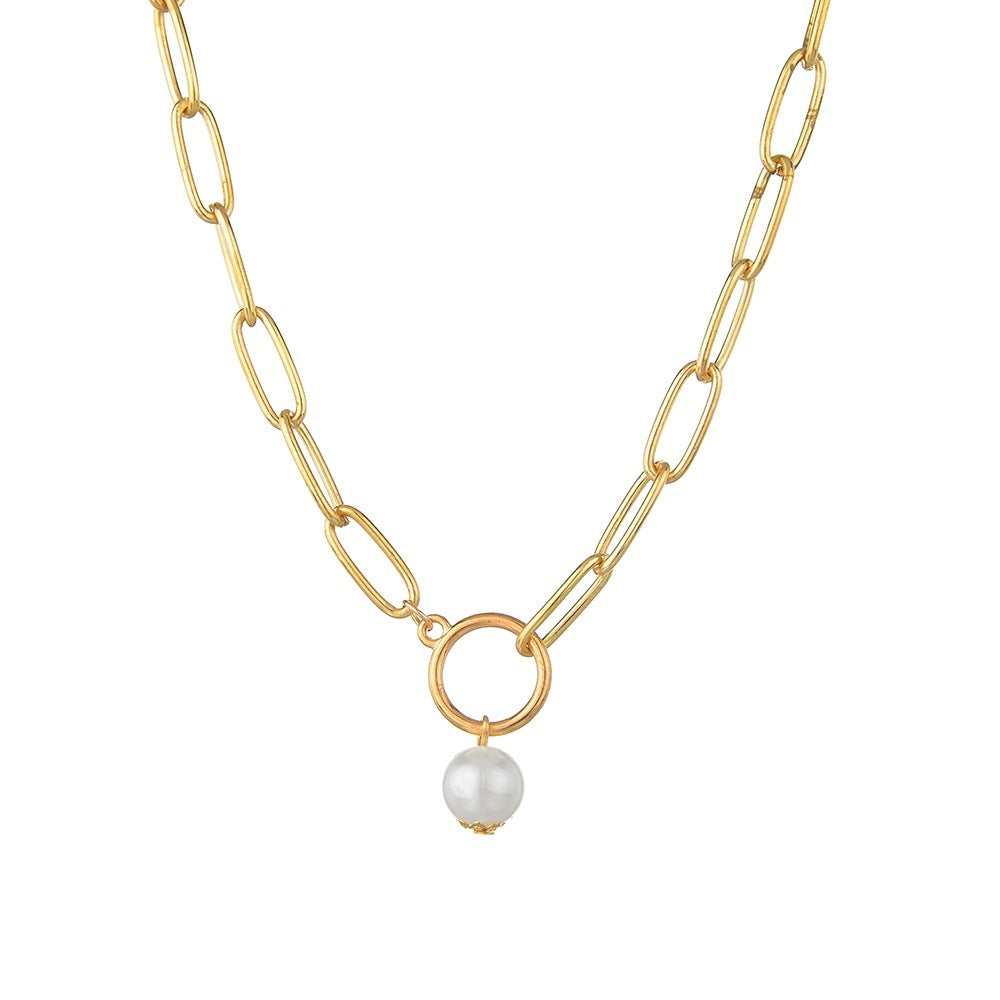 LAIS Unisex INS Style Metal Clavicle Chain Necklace, Alloy Pendant, Hoop and Pearl Design, Unique and Eye-catching