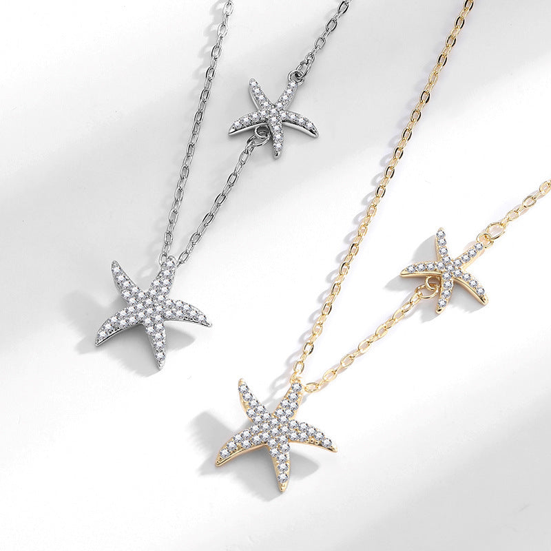 LAIS Women's Exclusive Fashionable Double Starfish Full Diamond Necklace, Copper Material with Electroplating, O-ring Chain Design, Niche Style Leads the Trend