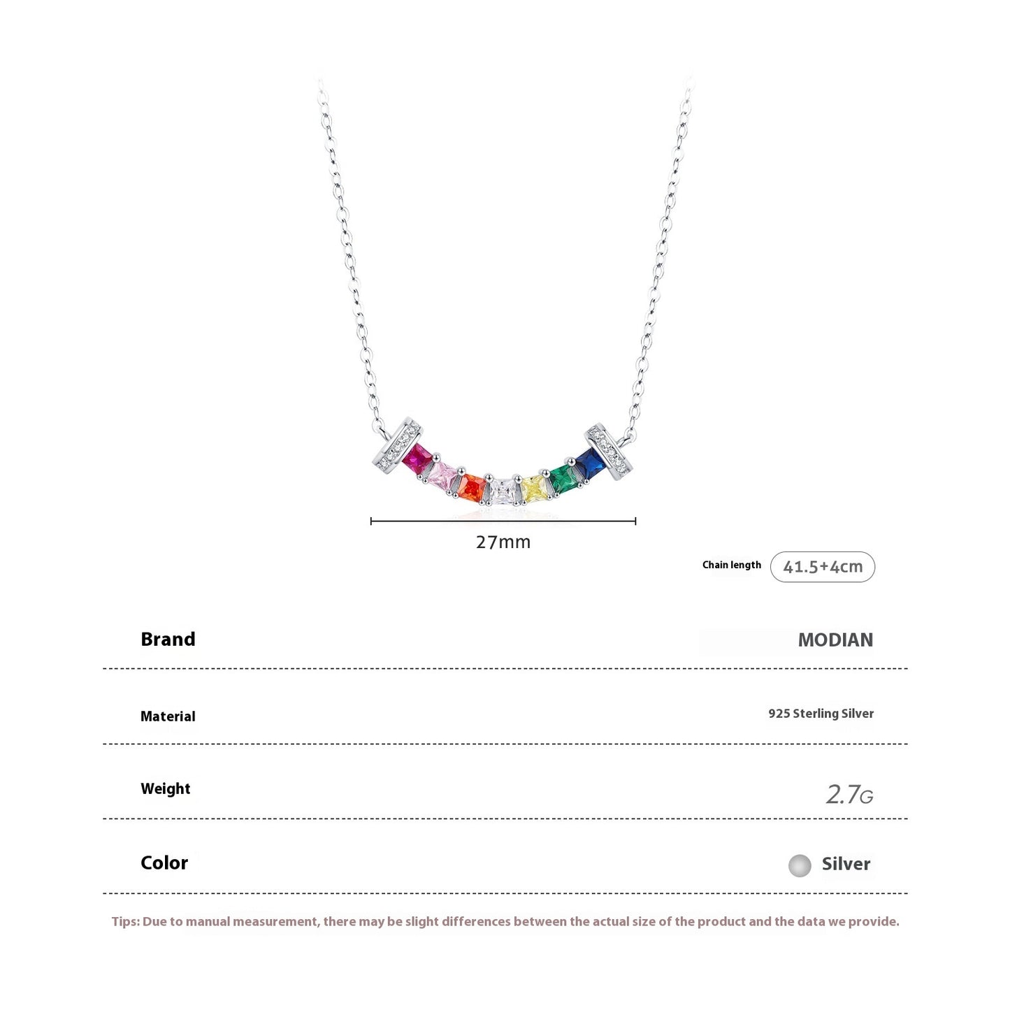 LAIS Women's Exclusive 925 Sterling Silver Dopamine Rainbow Pendant Necklace, with Diamond Process, Colorful Fashion of Metal Material