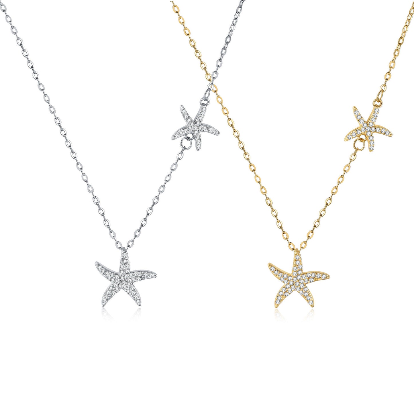 LAIS Women's Exclusive Fashionable Double Starfish Full Diamond Necklace, Copper Material with Electroplating, O-ring Chain Design, Niche Style Leads the Trend