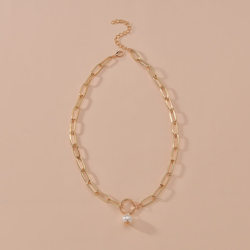 LAIS Unisex INS Style Metal Clavicle Chain Necklace, Alloy Pendant, Hoop and Pearl Design, Unique and Eye-catching
