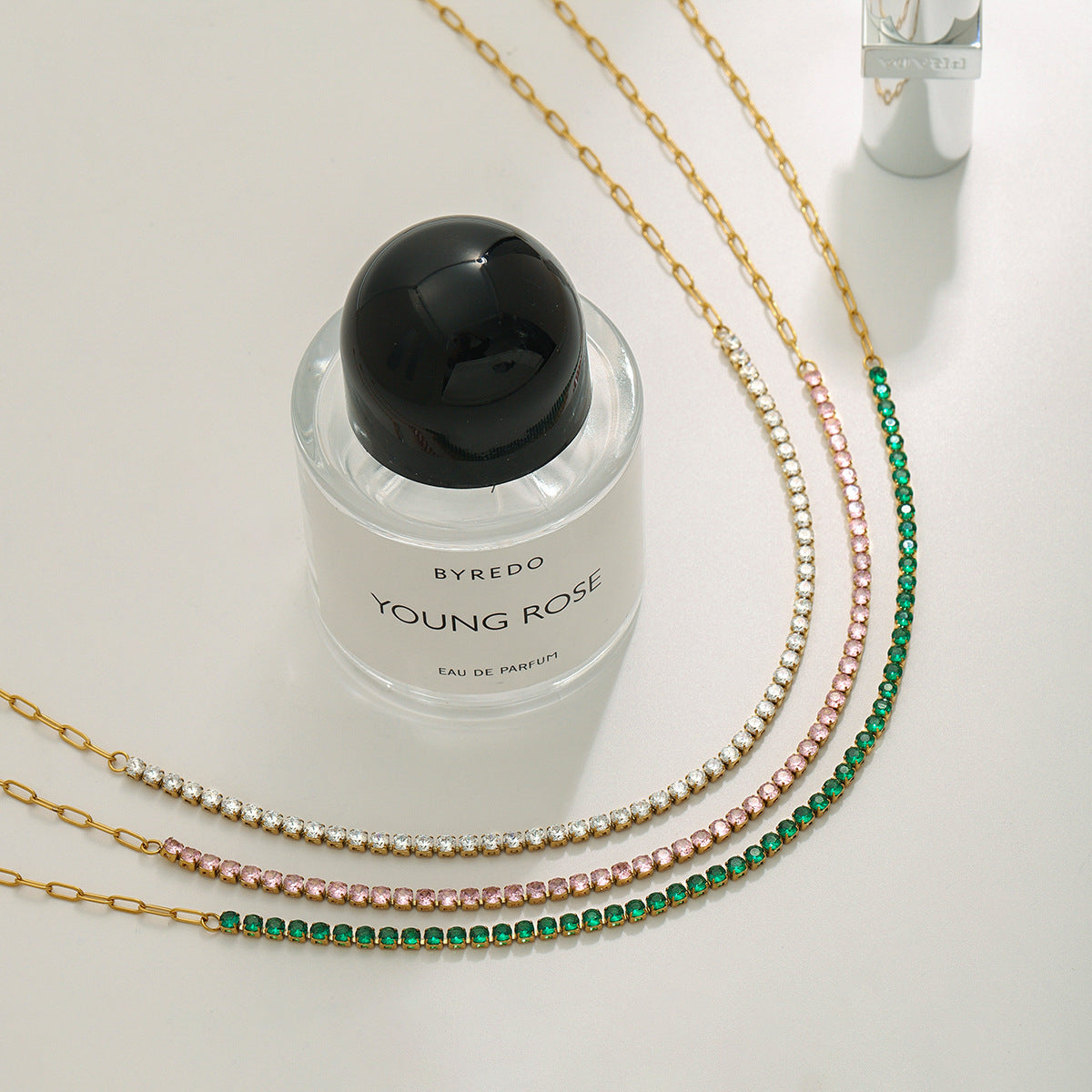 LAIS Women's Stainless Steel Diamond Tennis Necklace Crafted by Electroplating Process, White, Pink and Green Colors, Geometric Shape is Fashionable and Eye-catching