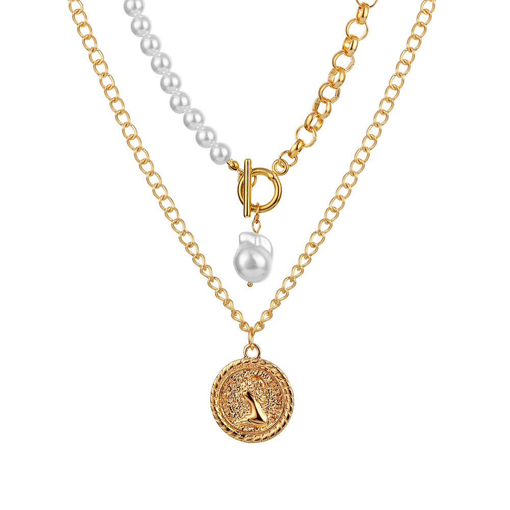 LAIS Women's Alloy Necklace, Thick Chain Matched with Double-layer Geometric Shape of Mother Pearl, Two Colors Interpret Retro Fashion