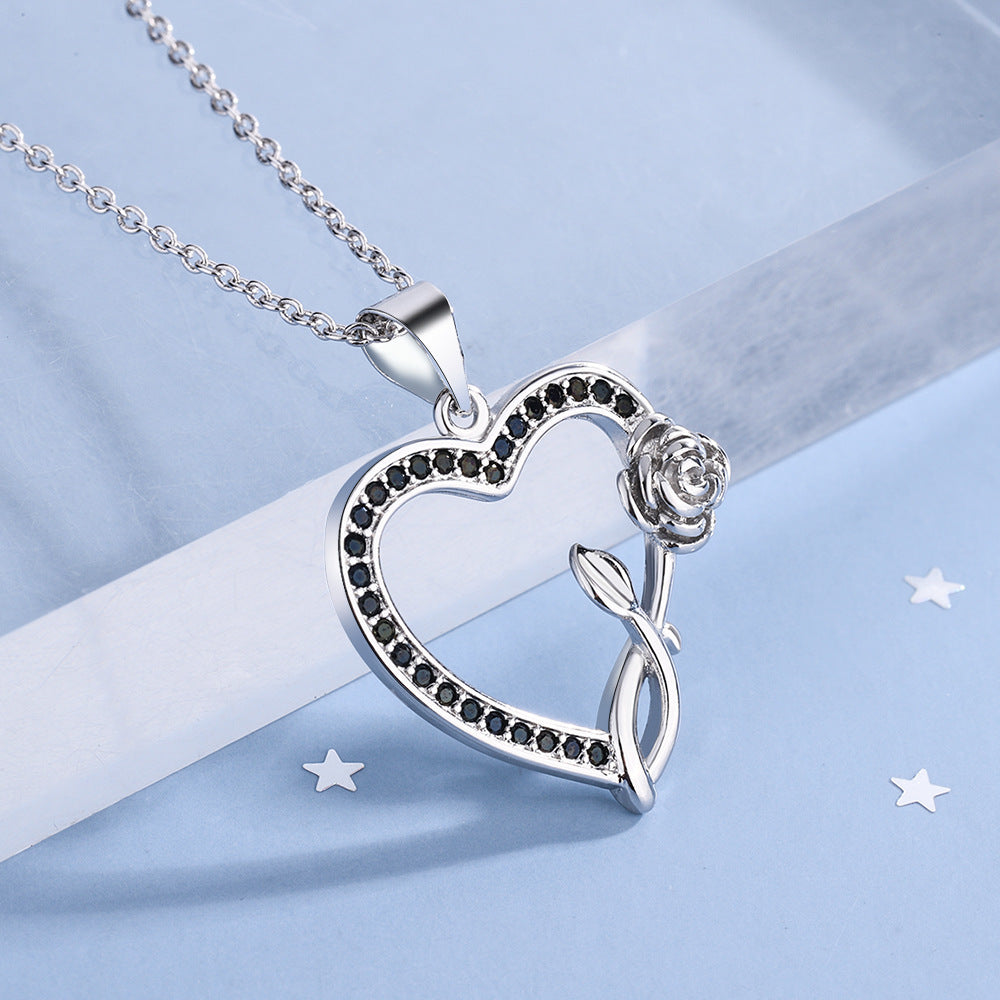 LAIS Full-Diamond Heart Pendant Necklace – Black & White European Statement Jewelry