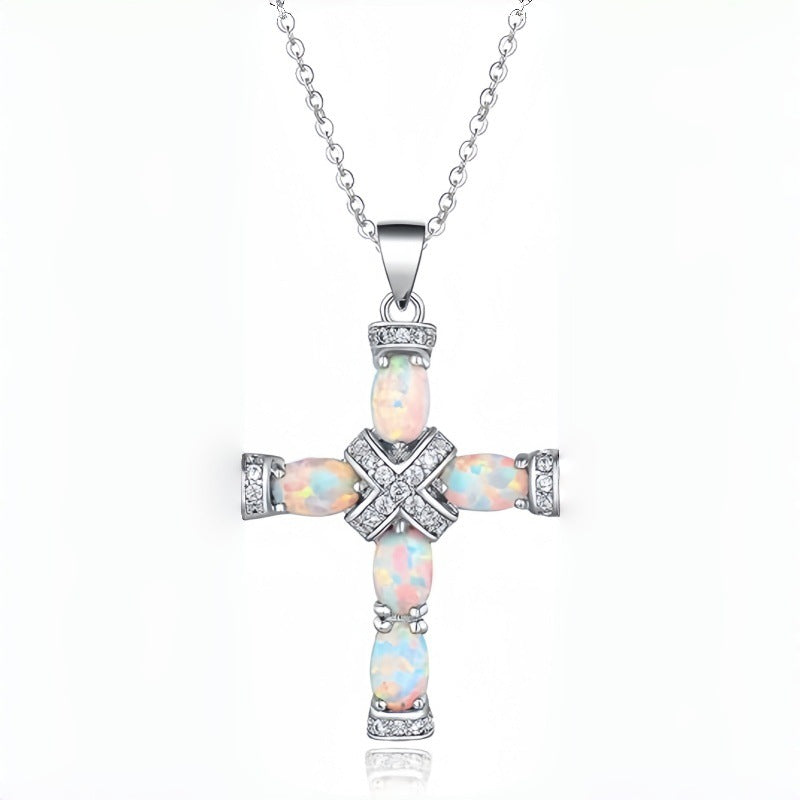 LAIS Minimalist Opal-Imitation Cross Necklace – Cool Style Gold-Plated Jewelry for Women