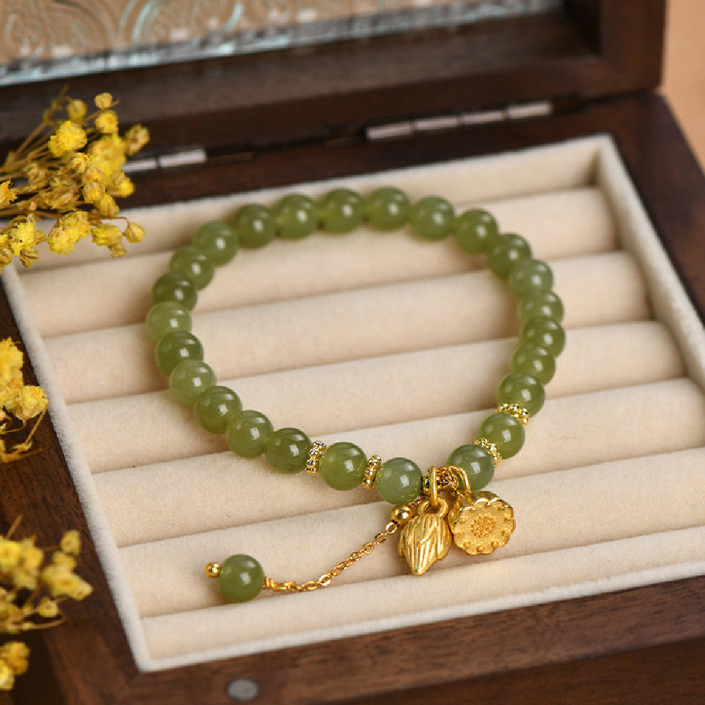 LAIS Retro Hetian Jade Hand String Bracelet – Floral Charm