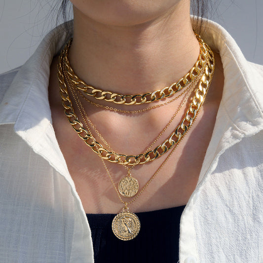 LAIS Electroplated Alloy Unisex Necklace, Snake Bone Chain Matched with Multi-layer Geometric Round Plate Pendant, Incorporating Coin Elements is Super Eye-catching