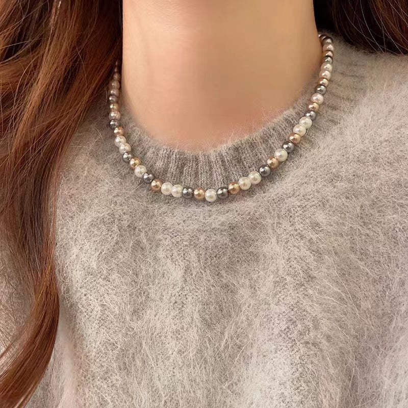 LAIS Mixed-Color Glass Pearl Necklace – Elegant Stainless Steel Jewelry for Women