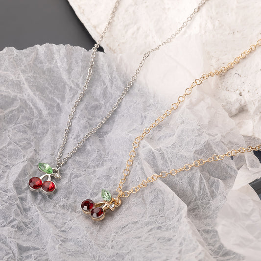Fashionable And Cute Diamond Red Cherry Necklace