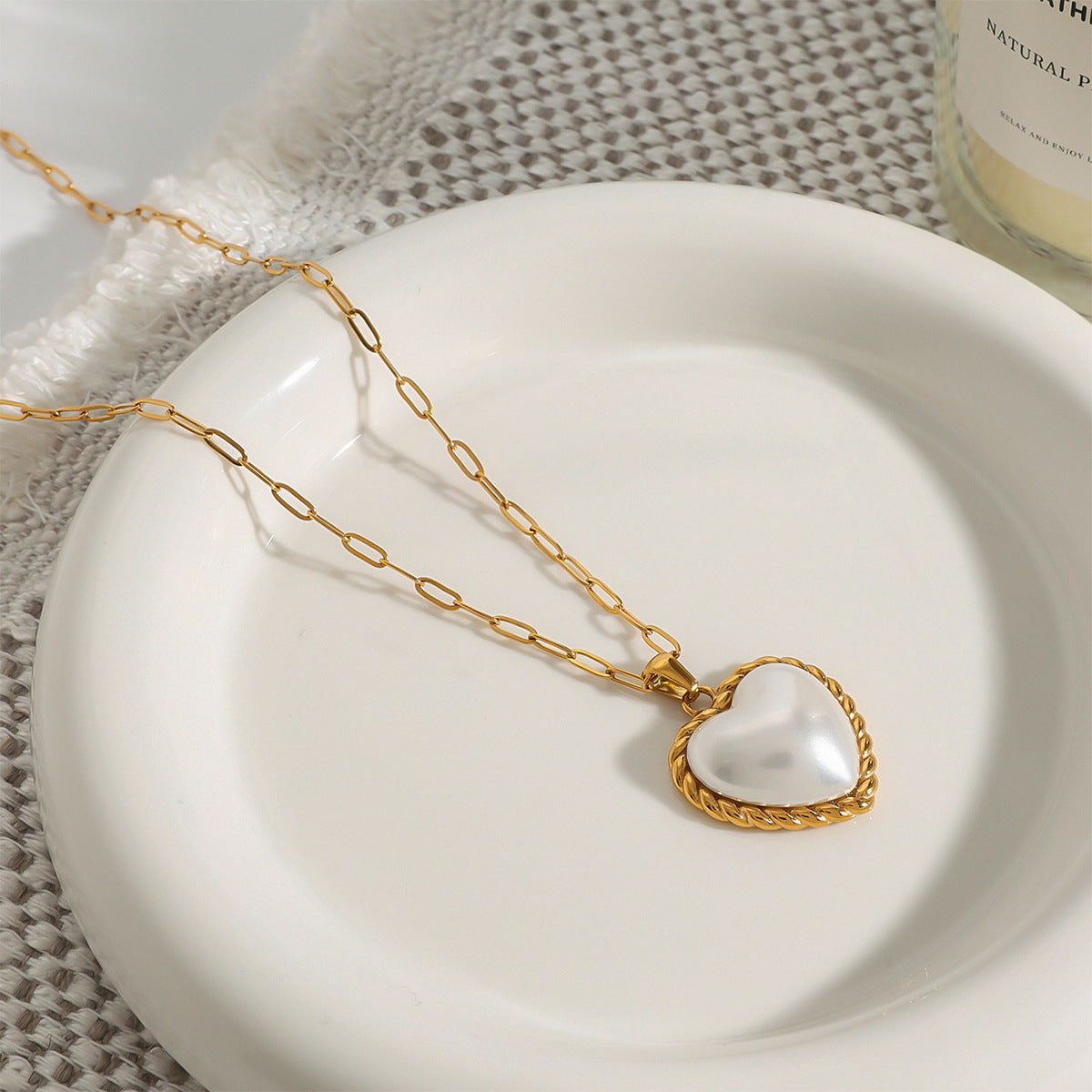 LAIS Threaded Heart Pearl Necklace – Minimal Stainless Steel Snake Chain Jewelry for Women