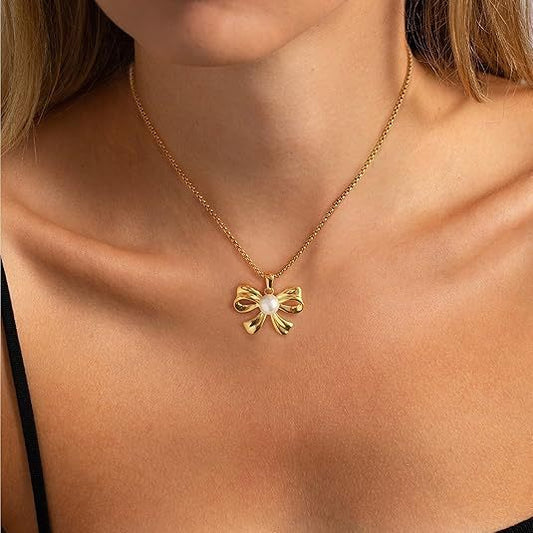 LAIS Women's Exclusive Copper Bow Pearl Necklace, Electroplated, Pearl - enhanced Diverse Styles Showcasing Personal Charm