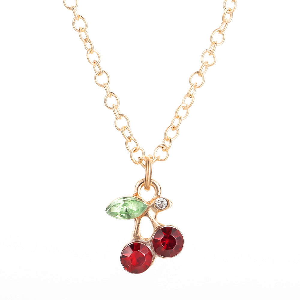 Fashionable And Cute Diamond Red Cherry Necklace