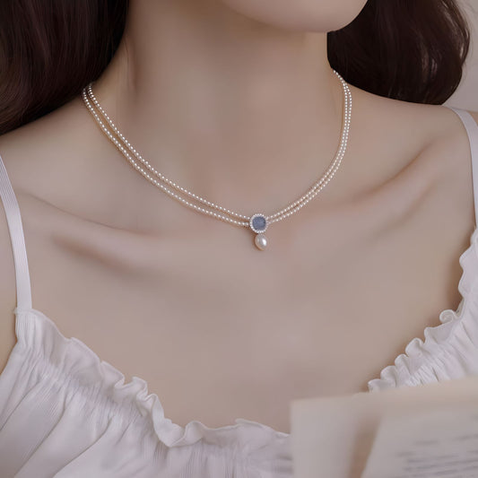 LAIS Natural Aquamarine & Freshwater Pearl Necklace – Korean-Style Silver Pendant Jewelry