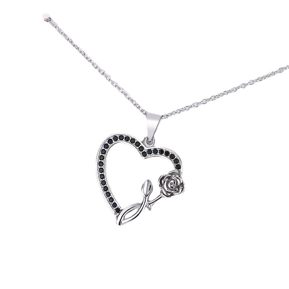 LAIS Full-Diamond Heart Pendant Necklace – Black & White European Statement Jewelry