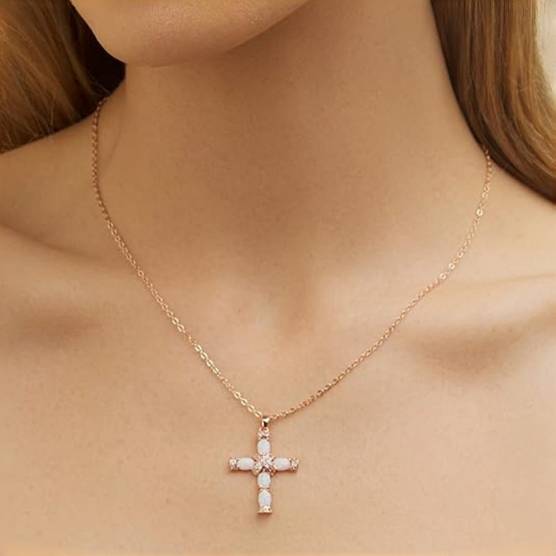 LAIS Minimalist Opal-Imitation Cross Necklace – Cool Style Gold-Plated Jewelry for Women
