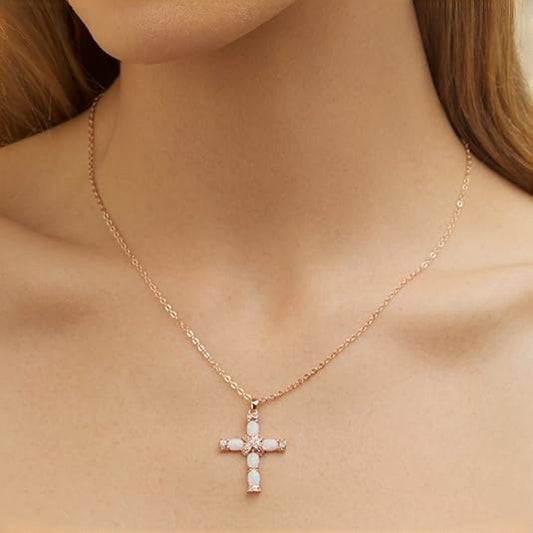 LAIS Minimalist Opal-Imitation Cross Necklace – Cool Style Gold-Plated Jewelry for Women