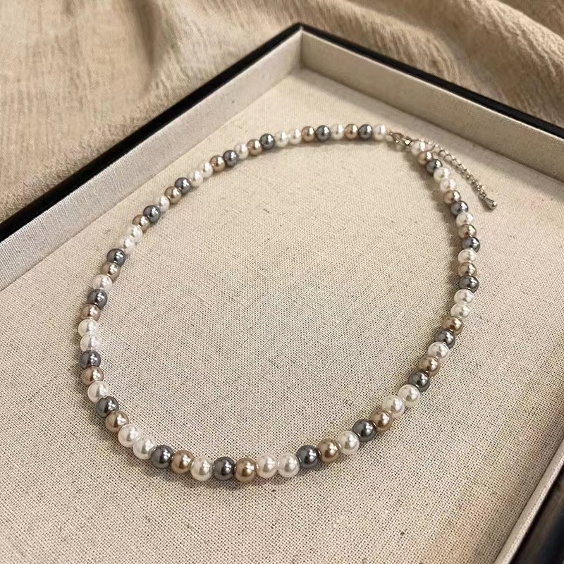 LAIS Mixed-Color Glass Pearl Necklace – Elegant Stainless Steel Jewelry for Women