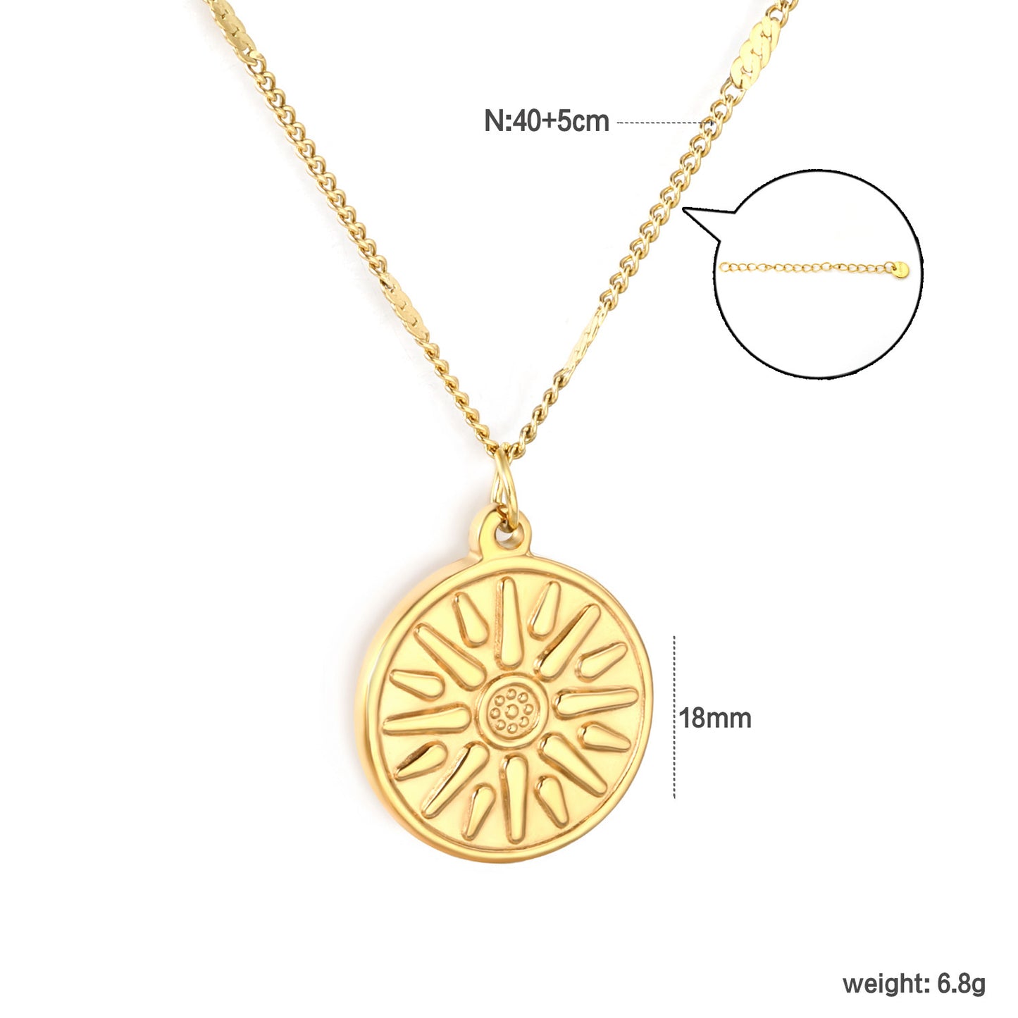LAIS Sun Round Cake Pendant Necklace – 18K Gold Stainless Steel