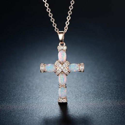 LAIS Minimalist Opal-Imitation Cross Necklace – Cool Style Gold-Plated Jewelry for Women