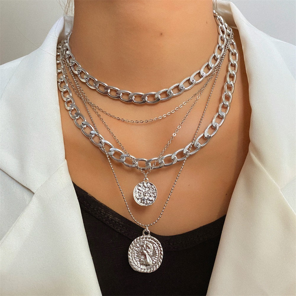 LAIS Electroplated Alloy Unisex Necklace, Snake Bone Chain Matched with Multi-layer Geometric Round Plate Pendant, Incorporating Coin Elements is Super Eye-catching