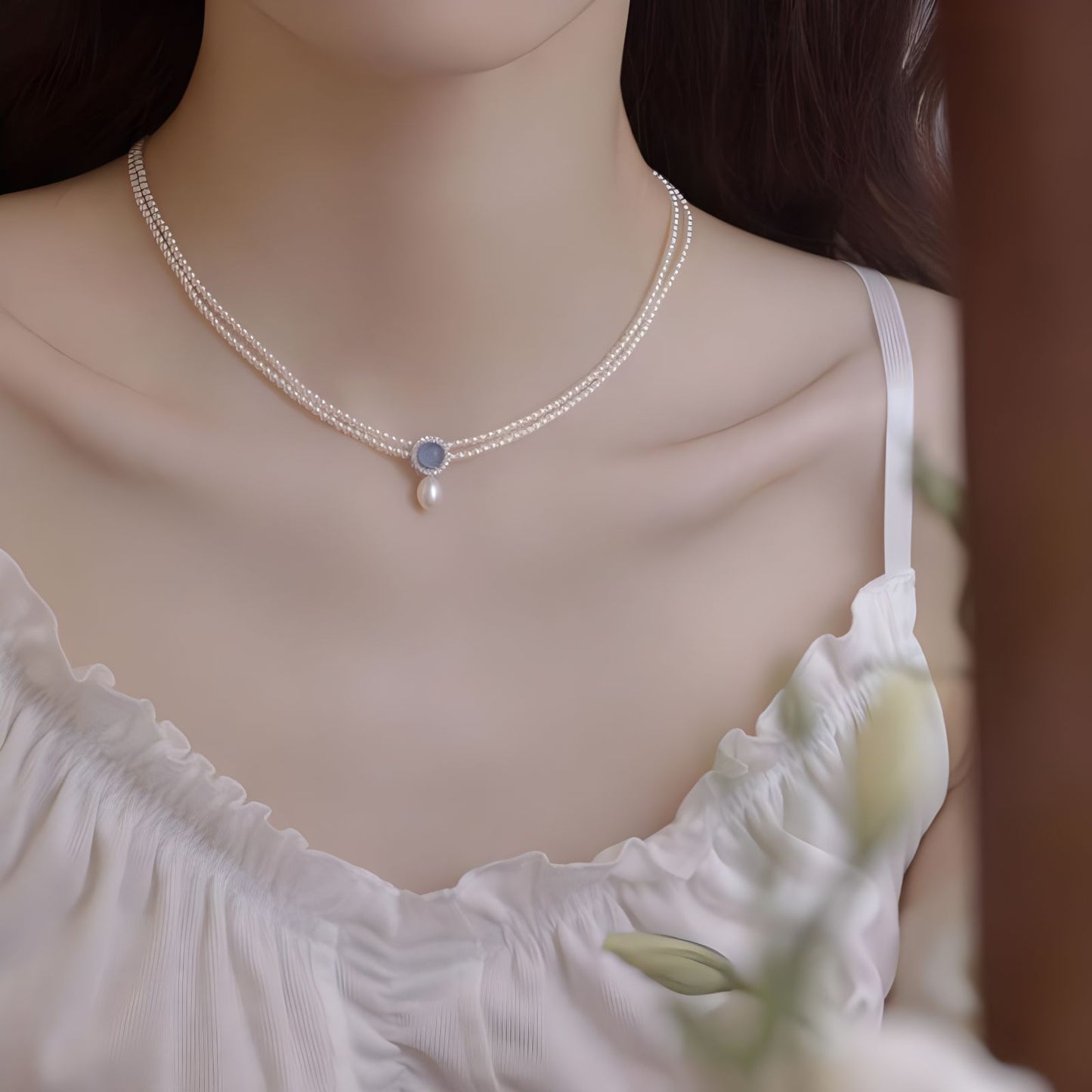 LAIS Natural Aquamarine & Freshwater Pearl Necklace – Korean-Style Silver Pendant Jewelry