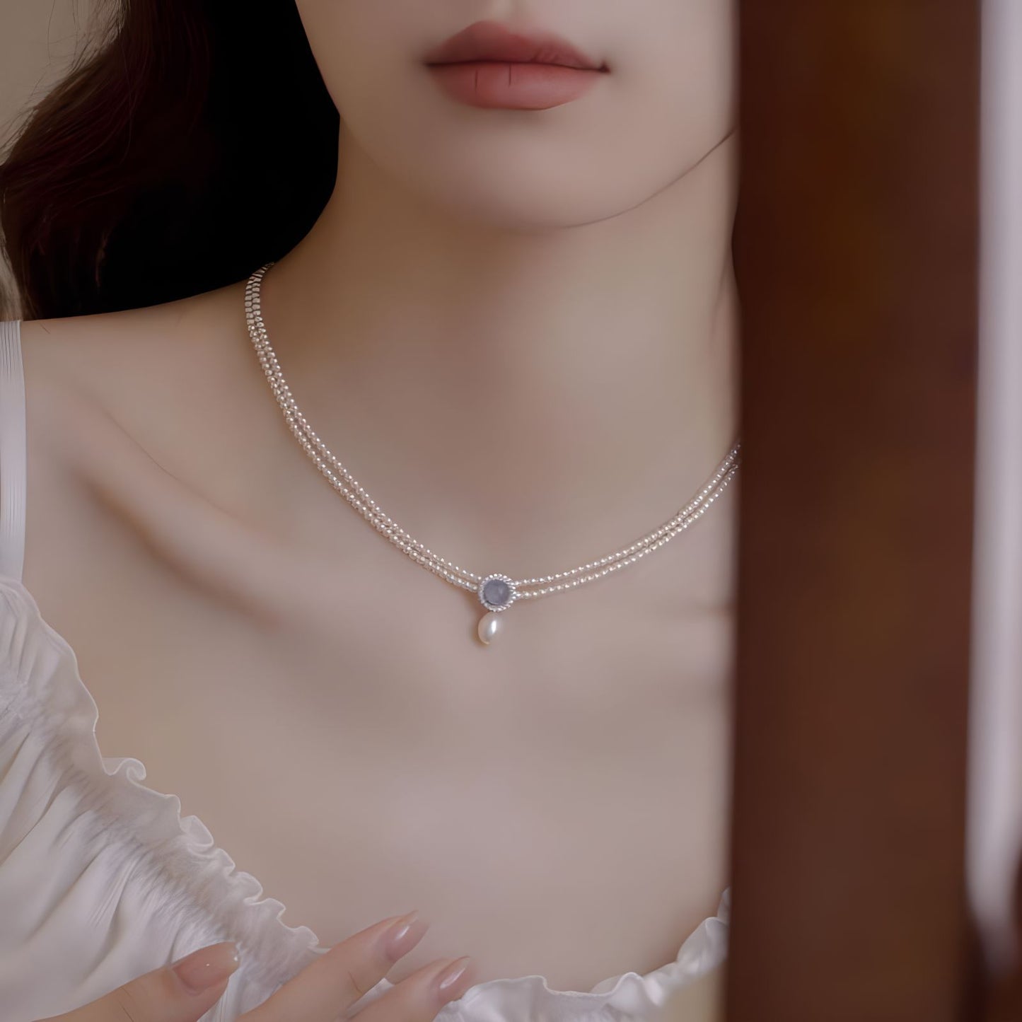 LAIS Natural Aquamarine & Freshwater Pearl Necklace – Korean-Style Silver Pendant Jewelry