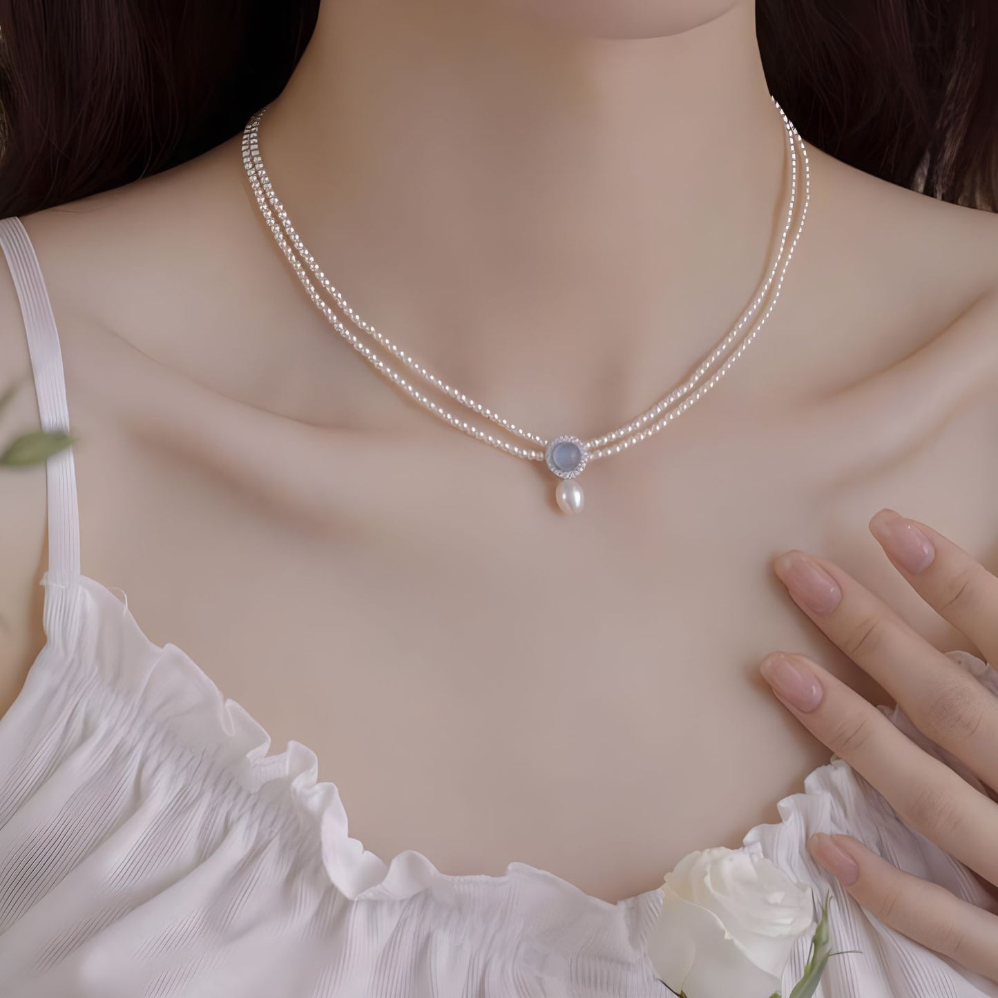 LAIS Natural Aquamarine & Freshwater Pearl Necklace – Korean-Style Silver Pendant Jewelry
