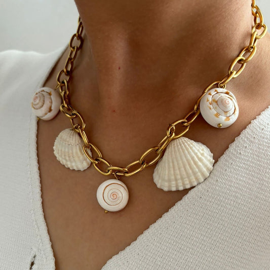 LAIS Women's Personality Stylish Stainless Steel Cross Chain Conch Shell Necklace, with Electroplating Process, Golden Tone Shows Exaggerated Charm