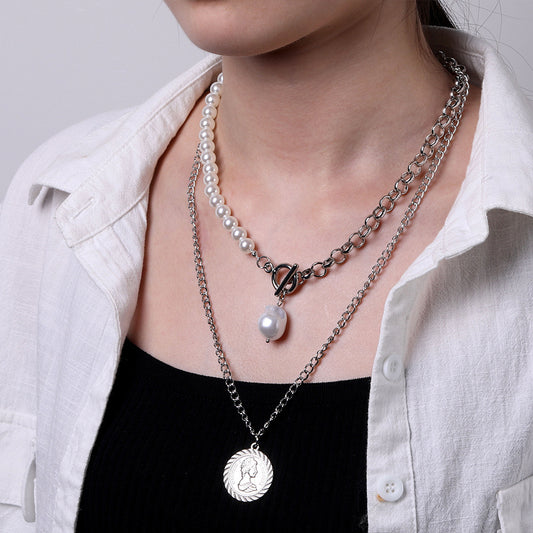 LAIS Women's Alloy Necklace, Thick Chain Matched with Double-layer Geometric Shape of Mother Pearl, Two Colors Interpret Retro Fashion