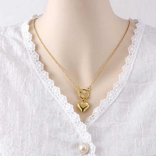 LAIS Polished Stainless Steel Heart-shaped Pendant Cross Chain Necklace, Fashionable and Versatile