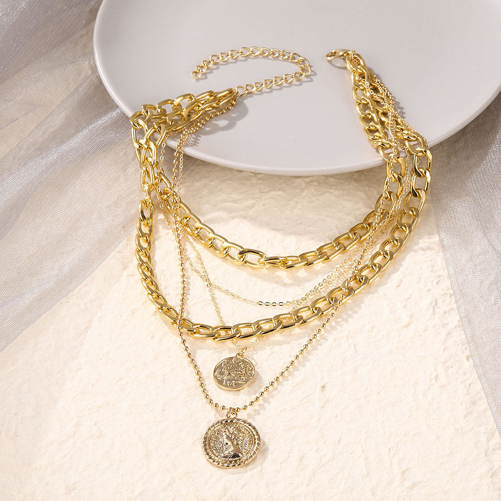 LAIS Electroplated Alloy Unisex Necklace, Snake Bone Chain Matched with Multi-layer Geometric Round Plate Pendant, Incorporating Coin Elements is Super Eye-catching