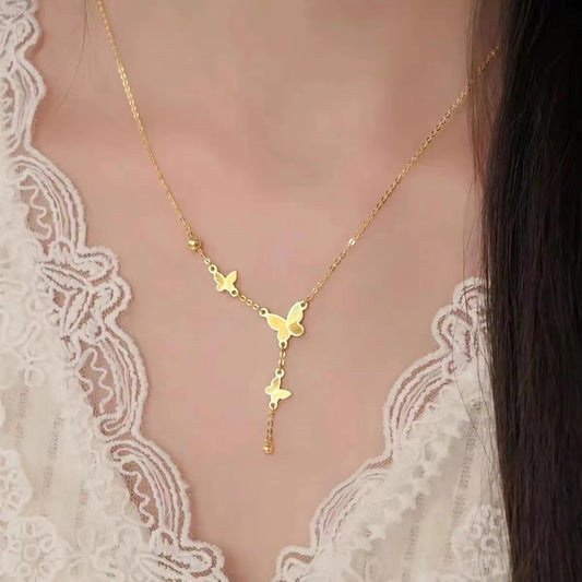 LAIS 18K Gold Plated Stainless Steel Butterfly Tassel Clavicle Necklace for Women, Showcasing Allure