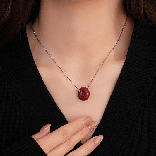 LAIS Women's Necklace in Silver-Red Two Colors, Alloy Pendant Matched with Red Glass/Colored Glaze Beads, Geometric Round Shape is Simple and Fashionable