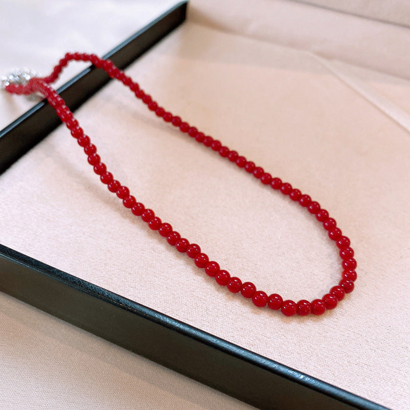 LAIS Women's Necklace in Silver-Red Two Colors, Alloy Pendant Matched with Red Glass/Colored Glaze Beads, Geometric Round Shape is Simple and Fashionable