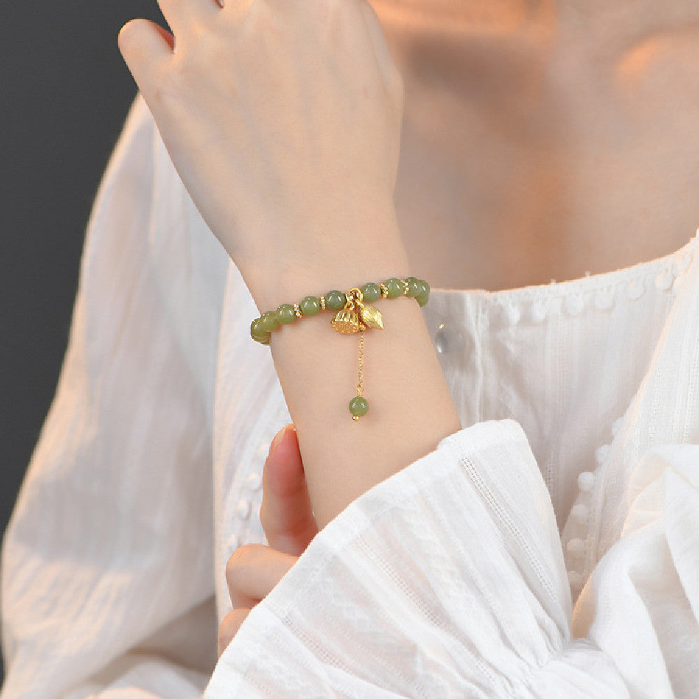 LAIS Retro Hetian Jade Hand String Bracelet – Floral Charm