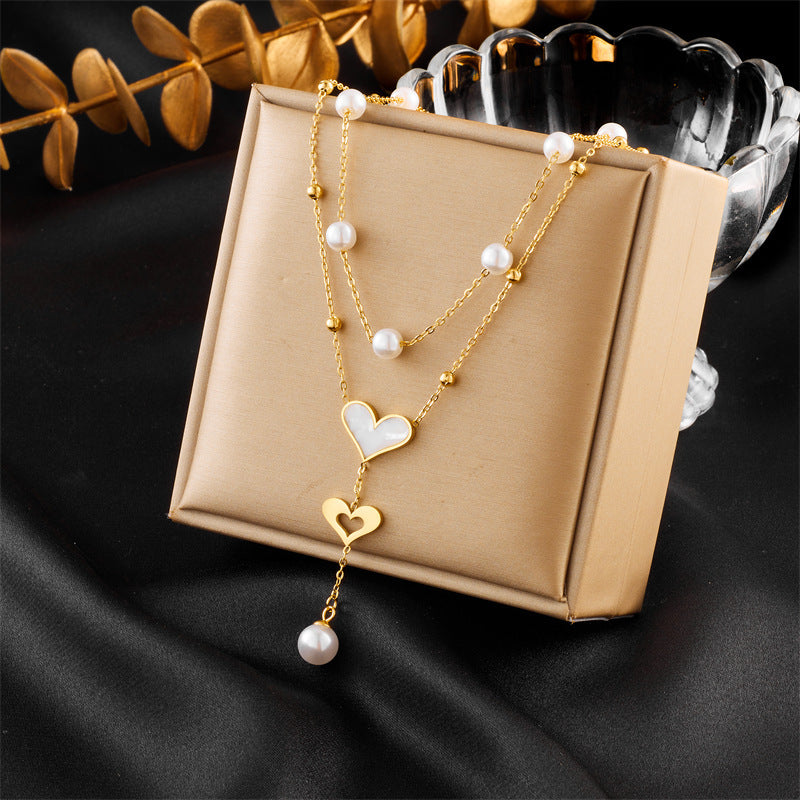 LAIS Women's Exclusive European and American Style Niche Retro Necklace, Double-layer Chain and Tassel Elements, Electroplated Stainless Steel with Full Texture